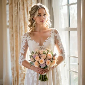 Elegant bride holding a bouquet of pastel wedding flowers with blush roses, peach ranunculus, and ivory peonies, glowing in soft natural window light.