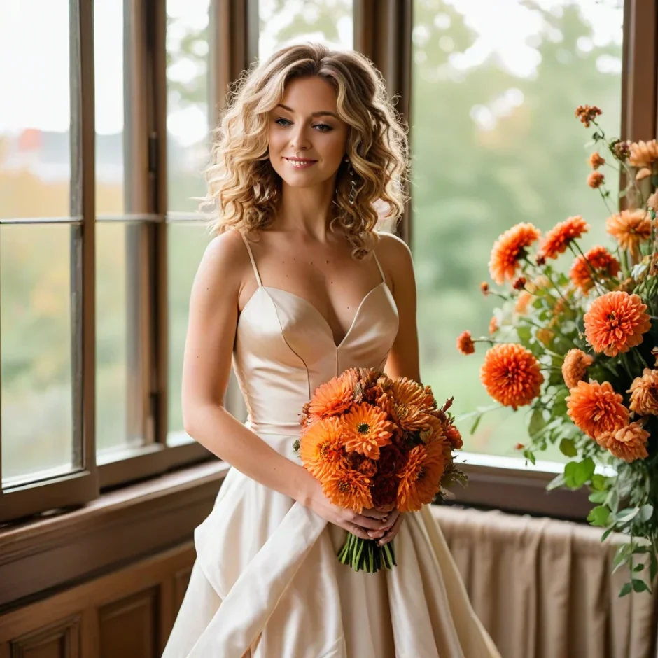 Bride holding vibrant orange fall wedding bouquet with dahlias and roses, standing by window with warm golden light and elegant autumn décor.