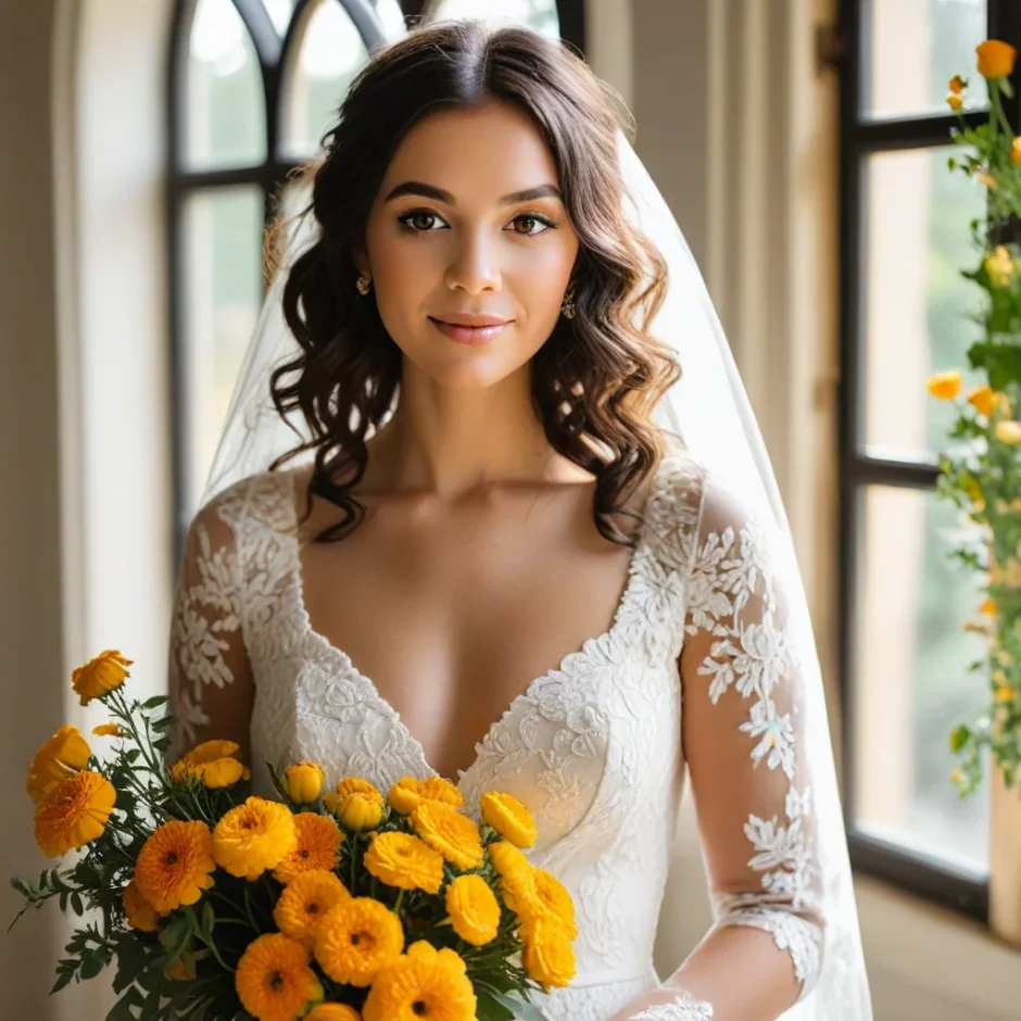 Bride holding vibrant marigold wedding bouquet with golden and orange flowers near window, glowing sunlight enhances her elegant white gown and floral colors.