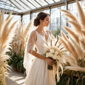 Elegant bride holding a pampas grass wedding bouquet with beige roses and dried palms in a sunlit garden, showcasing boho-chic floral elegance.