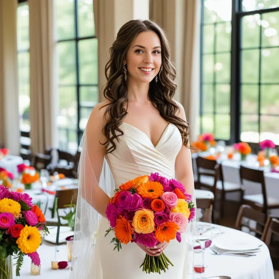 Bride holding bold color wedding bouquet of fuchsia, orange, and yellow flowers beside window in elegant reception hall.