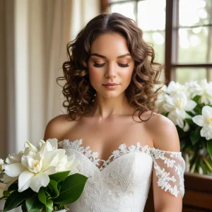 Bride holding elegant white gardenia bouquet, soft curls and lace gown glowing in natural light before wedding ceremony.