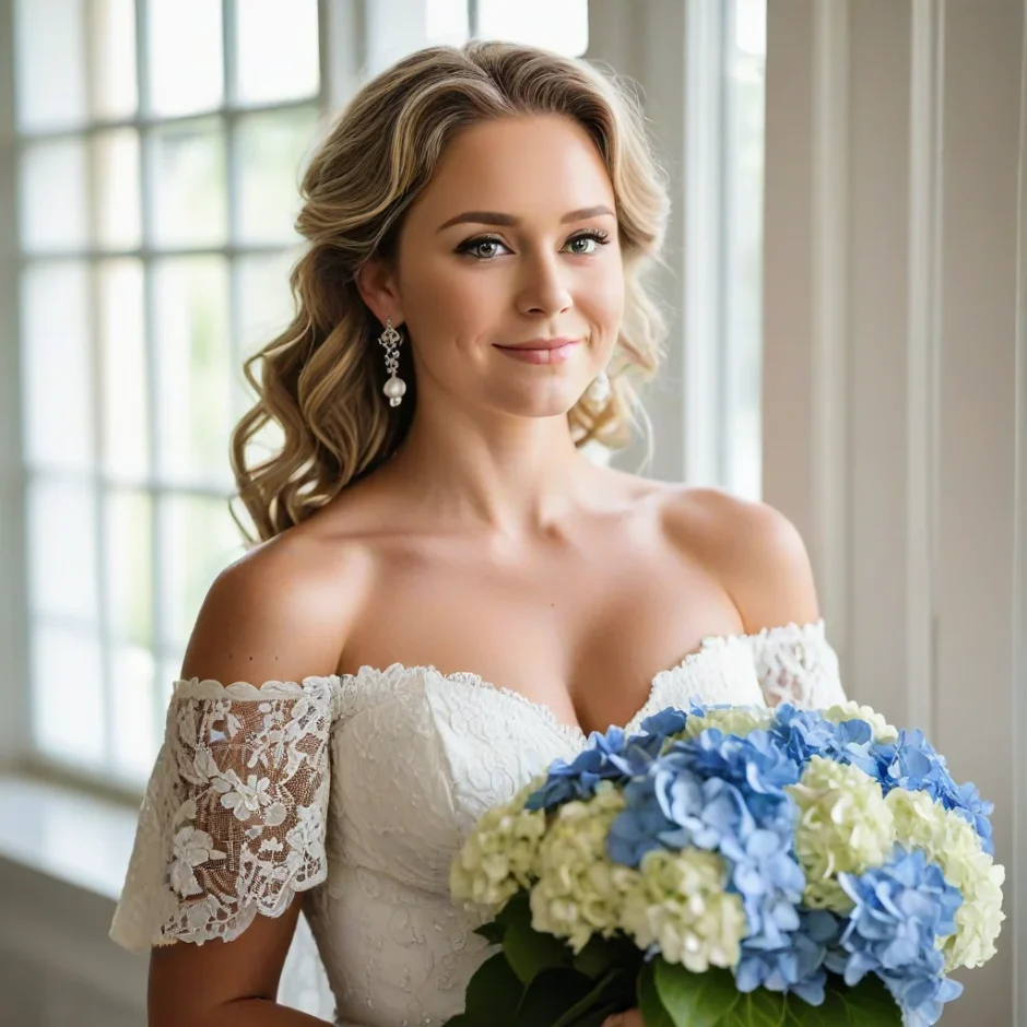 Bride in lace gown holding blue and white hydrangea bouquet, smiling softly in natural window light before wedding ceremony.