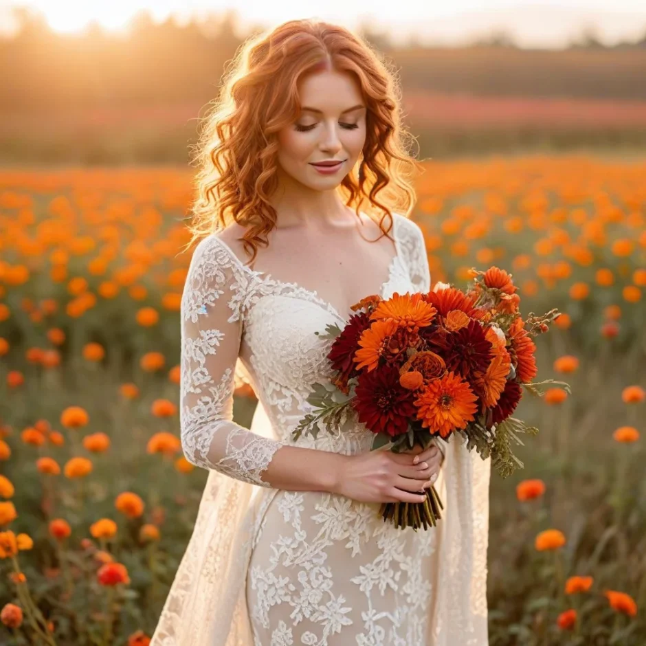 Bride with auburn hair holding burnt orange dahlias, rust chrysanthemums, and burgundy roses in golden autumn field at sunset.
