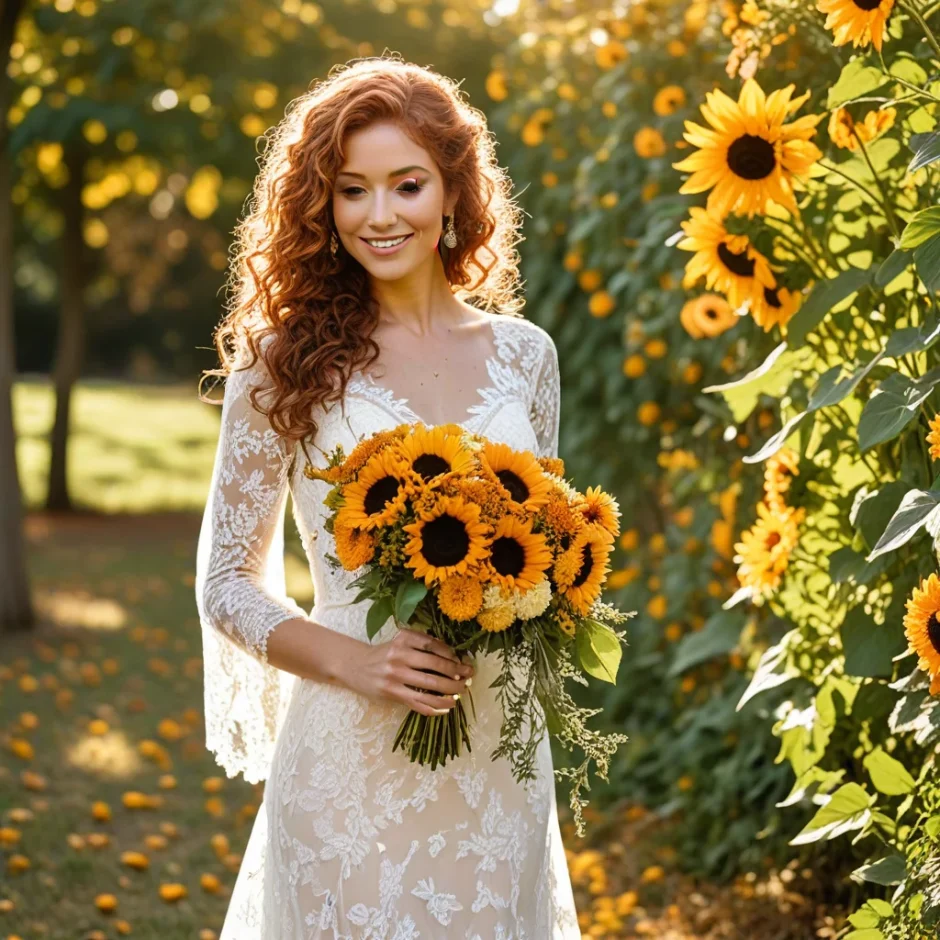 Bride with red hair holding bouquet of sunflowers, dahlias, and marigolds in golden field at sunset, symbolizing fall wedding elegance.
