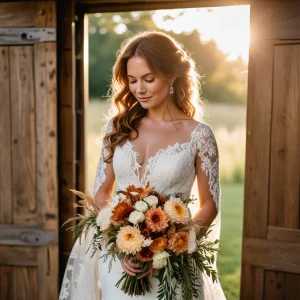 Bride in lace gown holding pampas grass, toffee roses, and wheat bouquet inside barn venue glowing with warm autumn light.