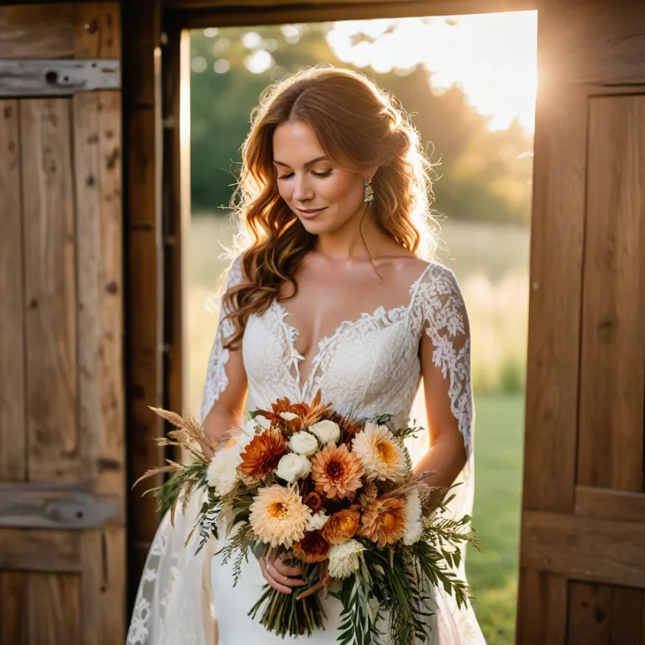 Bride in lace gown holding pampas grass, toffee roses, and wheat bouquet inside barn venue glowing with warm autumn light.