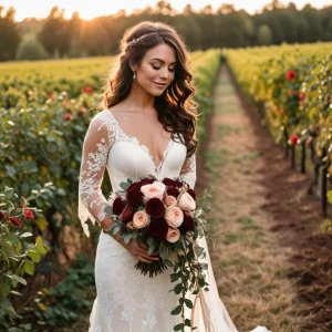Bride in lace gown holding burgundy roses, blush ranunculus, and eucalyptus greenery bouquet in warm golden autumn light.