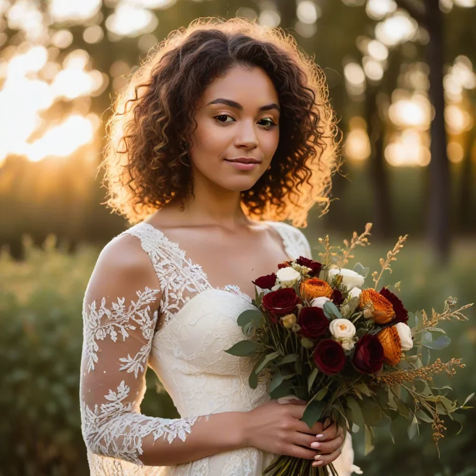 Bride holding a fall wedding bouquet of burgundy dahlias, toffee roses, and eucalyptus greenery, surrounded by golden autumn light and rustic charm.