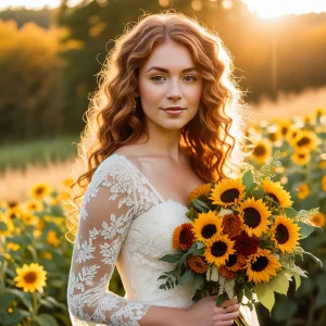 Bride in lace gown holding vibrant sunflower bouquet in a golden fall field, glowing sunlight enhances the rustic beauty of autumn wedding flowers.