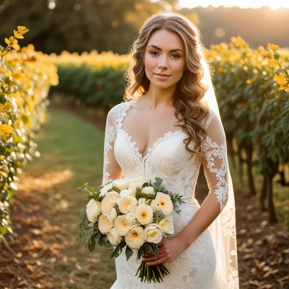 Bride in lace gown holding bouquet of cream roses, toffee chrysanthemums, and brown lisianthus glowing in warm sunset light of a fall field.