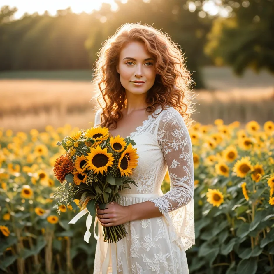 Woman holding a bright Thanksgiving bouquet of sunflowers, toffee roses, and eucalyptus in a golden field at sunset, symbolizing harvest beauty.