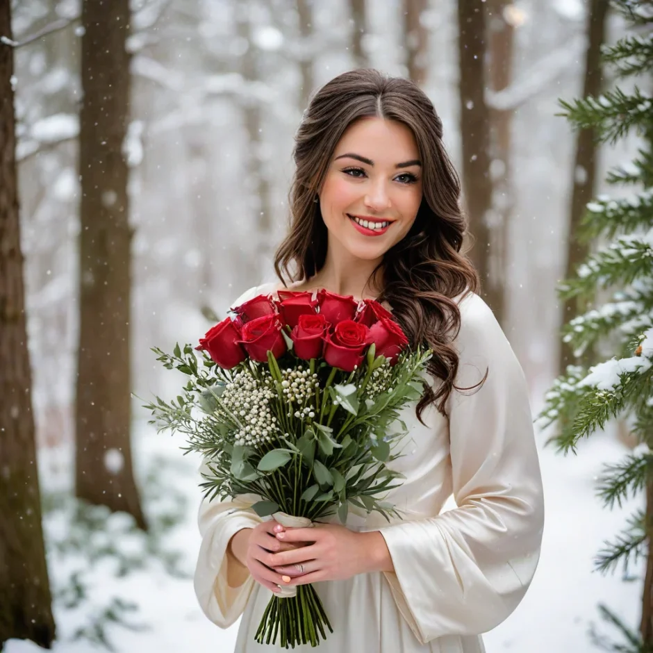 Bride holding a winter bouquet of red roses and white eucalyptus in a snowy outdoor setting, perfect for budget-friendly holiday weddings and events.