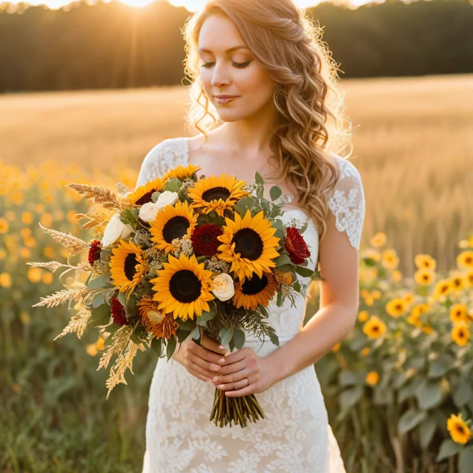 Bride holding a DIY fall bouquet of sunflowers, bronze mums, and eucalyptus in a golden field, perfect for budget-friendly autumn wedding flowers.