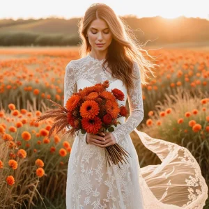 Bride holding a burnt orange fall wedding bouquet with dahlias, terracotta roses, and bronze mums in an outdoor autumn field at golden hour.