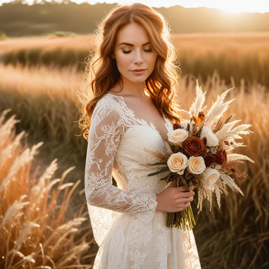 Bride holding a preserved fall wedding bouquet with pampas grass, dried eucalyptus, and toffee roses in a golden field at sunset.