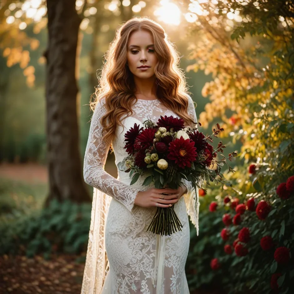 Bride holding a dramatic jewel-tone wedding bouquet with plum dahlias, burgundy roses, navy anemones, and emerald greenery in a fall outdoor setting.