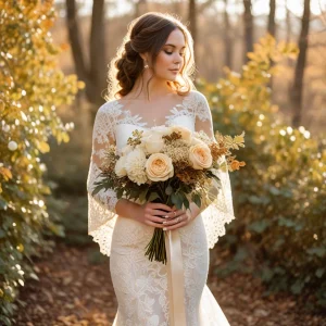 Bride holding an elegant bouquet of ivory roses and champagne flowers, standing outdoors in soft golden autumn light, showcasing neutral gold and cream wedding florals.