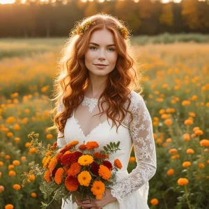 Bride standing in a field at golden hour holding a bright orange marigold bouquet with fall greenery, wearing an ivory lace dress, surrounded by warm autumn tones.