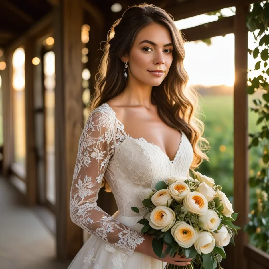 Bride holding an elegant bouquet of ivory roses, ranunculus, and eucalyptus, surrounded by soft candlelight for a romantic fall wedding glow.