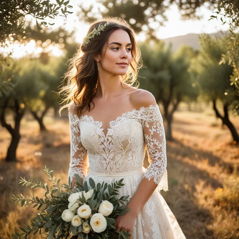 Beautiful autumn bride holding a lush bouquet of eucalyptus, olive branches, ruscus, and magnolia leaves with ivory roses, standing in a sunlit outdoor setting surrounded by fall greenery and golden light.