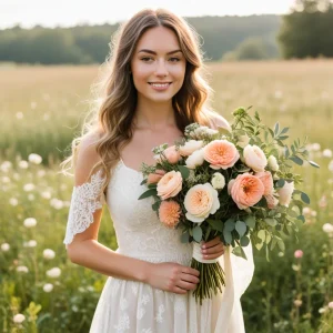 Elegant bride standing in a sunlit meadow holding a lush bouquet of fresh bulk flowers including roses, peonies, and eucalyptus greenery,