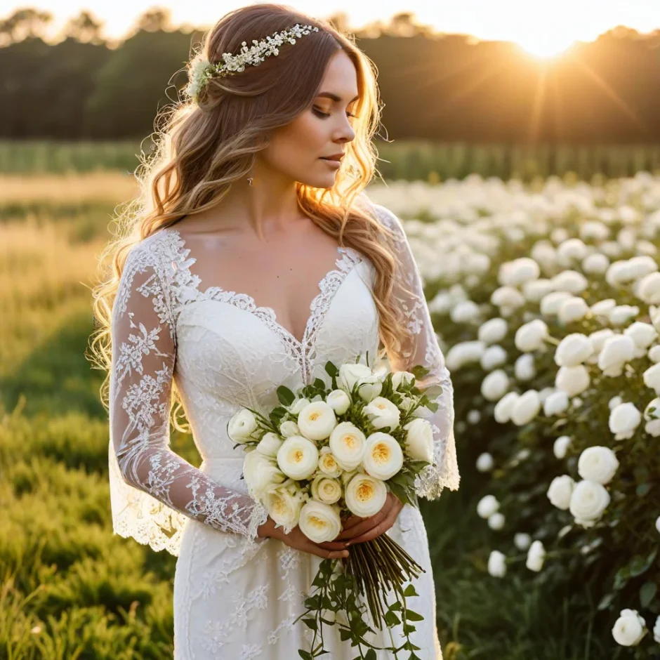 Bride holding a lush bouquet of white garden roses in a sunlit field, featuring creamy white petals, soft greenery, and elegant wedding floral styling.