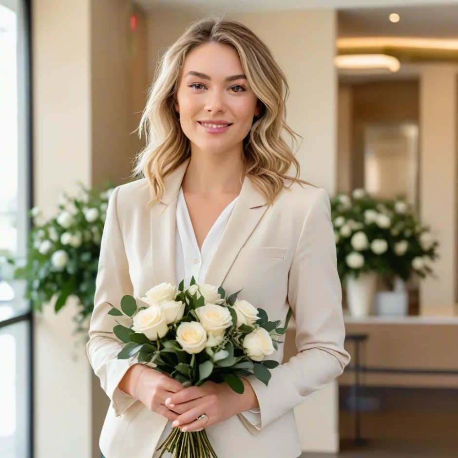 Elegant professional woman holding a modern bouquet of white garden roses, cream spray roses, and eucalyptus, standing in a bright corporate-style lobby.