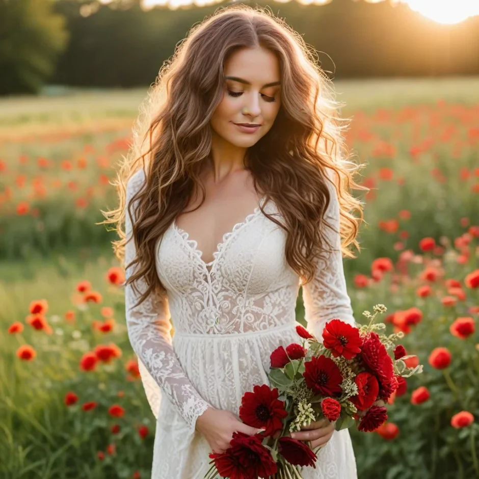 Elegant bride standing in a wildflower field holding a vibrant bouquet of red flowers, showcasing rich seasonal blooms perfect for 2025 wedding inspiration.
