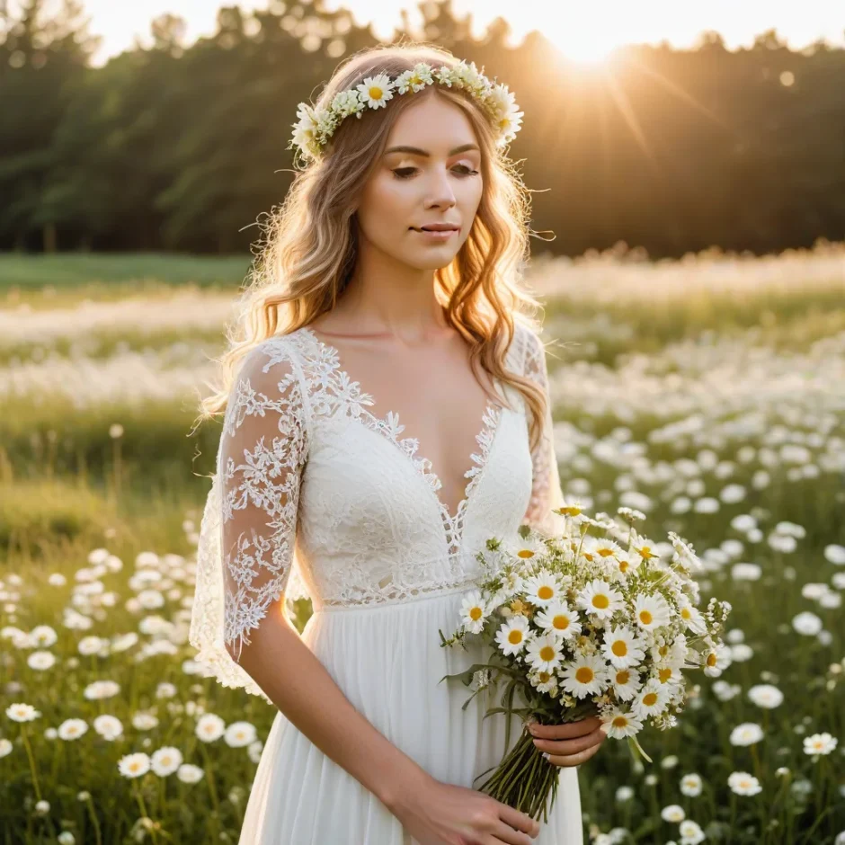 A bride standing in a blooming field holding a large white daisy bouquet, surrounded by soft sunlight and natural greenery, perfect for outdoor wedding inspiration.