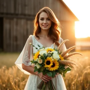 Bride standing in a golden field at sunset holding a rustic barn-style bouquet with sunflowers, white garden roses, and wheat for a fall barn wedding.