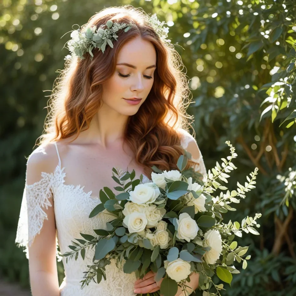 Bride holding a lush foliage wedding bouquet with eucalyptus and ruscus in golden sunlight, perfect inspiration for natural green wedding flowers.