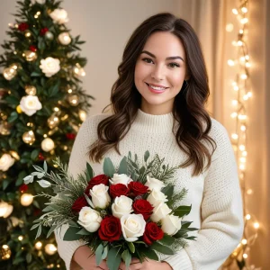 Smiling woman in a cozy winter sweater holding a festive Christmas bouquet of Red Roses, White Roses, and holiday greenery beside a glowing Christmas tree.