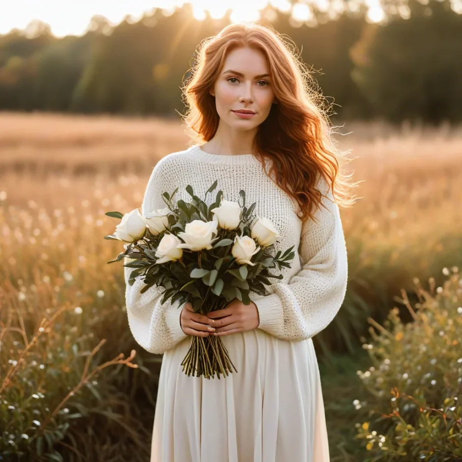 Bride standing in a golden fall field holding a lush bouquet of Magnolia, Olive, and Eucalyptus greenery, perfect for rustic Thanksgiving centerpieces.