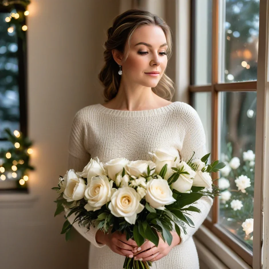 Winter bride holding a white bouquet of white roses and amaryllis in a cozy indoor setting decorated with Christmas greenery and warm holiday lights.