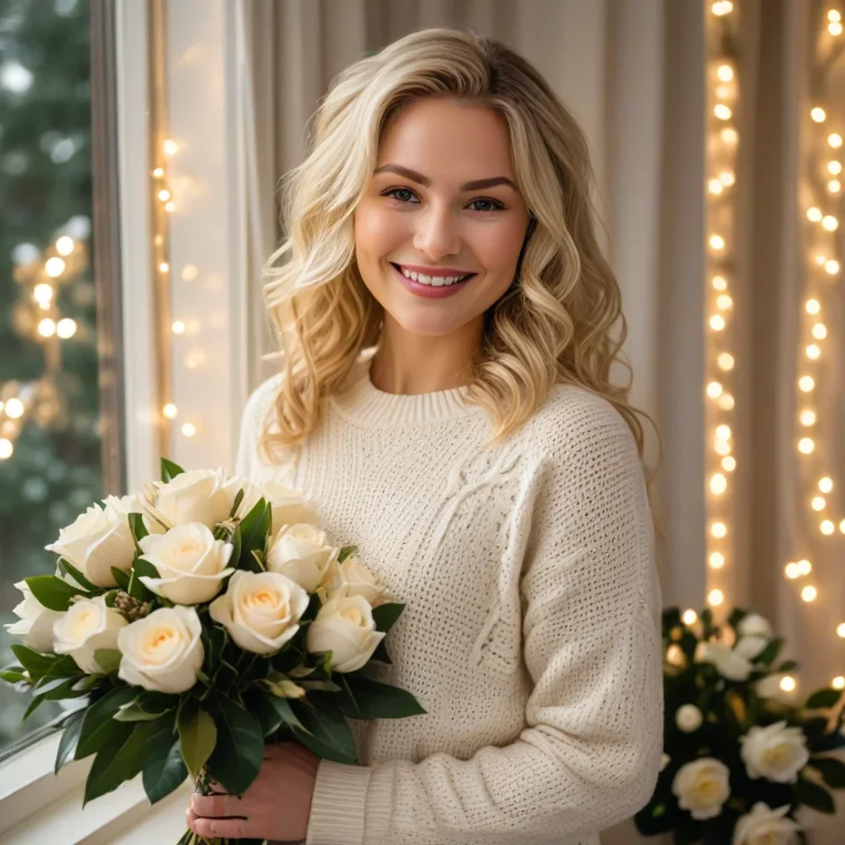 A smiling woman in a cream sweater holding a bouquet of fresh white magnolia blooms, standing beside holiday greenery with warm twinkle lights glowing behind her.