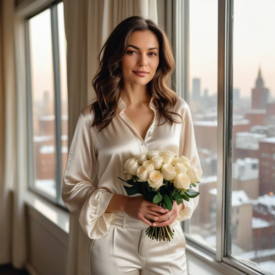 Elegant winter bride holding a luxurious bouquet of white roses and ranunculus near a window, with warm Christmas lights softly glowing behind her.