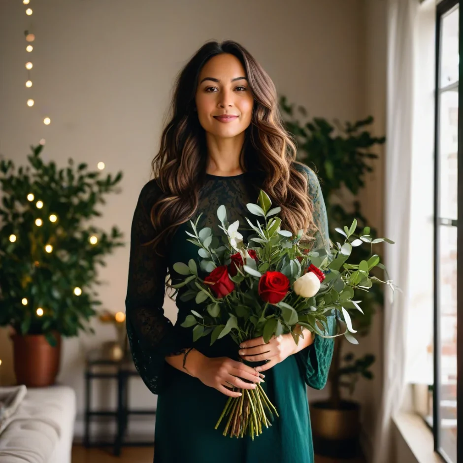 Woman holding a lush Christmas bouquet of Red Roses, Magnolia, and Cedar in an elegant green dress, standing beside a decorated holiday tree with warm lights.