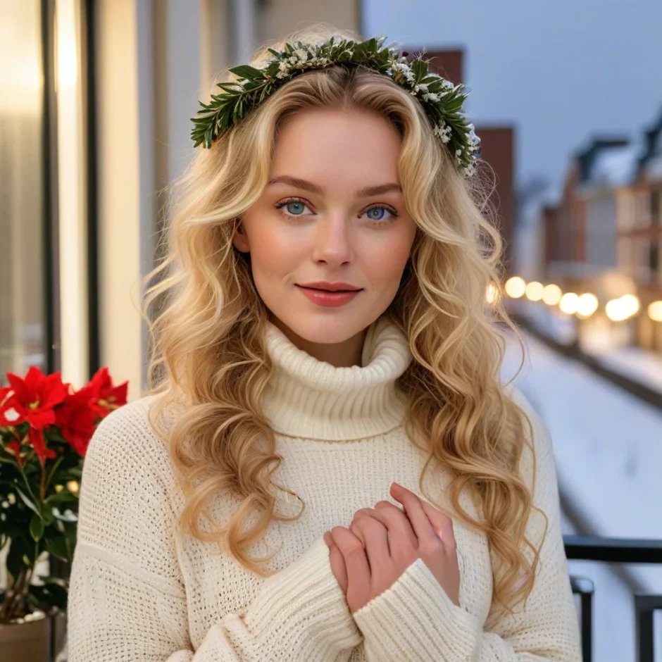 Woman holding a winter bouquet with red flowers and evergreen foliage in front of holiday lights, showcasing festive Christmas floral design inspiration.