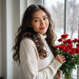 Beautiful woman holding a red and white Christmas bouquet made of red roses, white roses, and winter greenery, standing by a frosted window with soft holiday lights in the background.