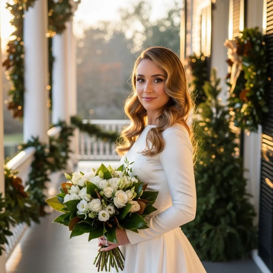 Bride holding an elegant magnolia and white rose bouquet in a holiday-themed wedding setting with warm Christmas lights and soft winter décor.