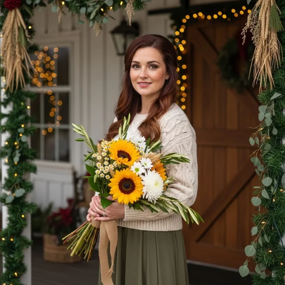 Woman holding a rustic farmhouse bouquet of sunflowers, daisies, mums, wheat, and greenery—perfect for Thanksgiving and Christmas floral décor.