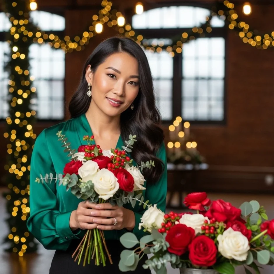 Smiling woman in a green holiday sweater arranging a festive bouquet at a Christmas Flower Bar, surrounded by red roses, white roses, greenery, and holiday décor.