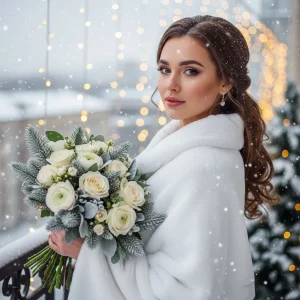 Winter bride holding a white rose and winter greenery bouquet, wrapped in a soft white shawl, standing outdoors with snowy trees in the background and warm golden holiday lights behind her.