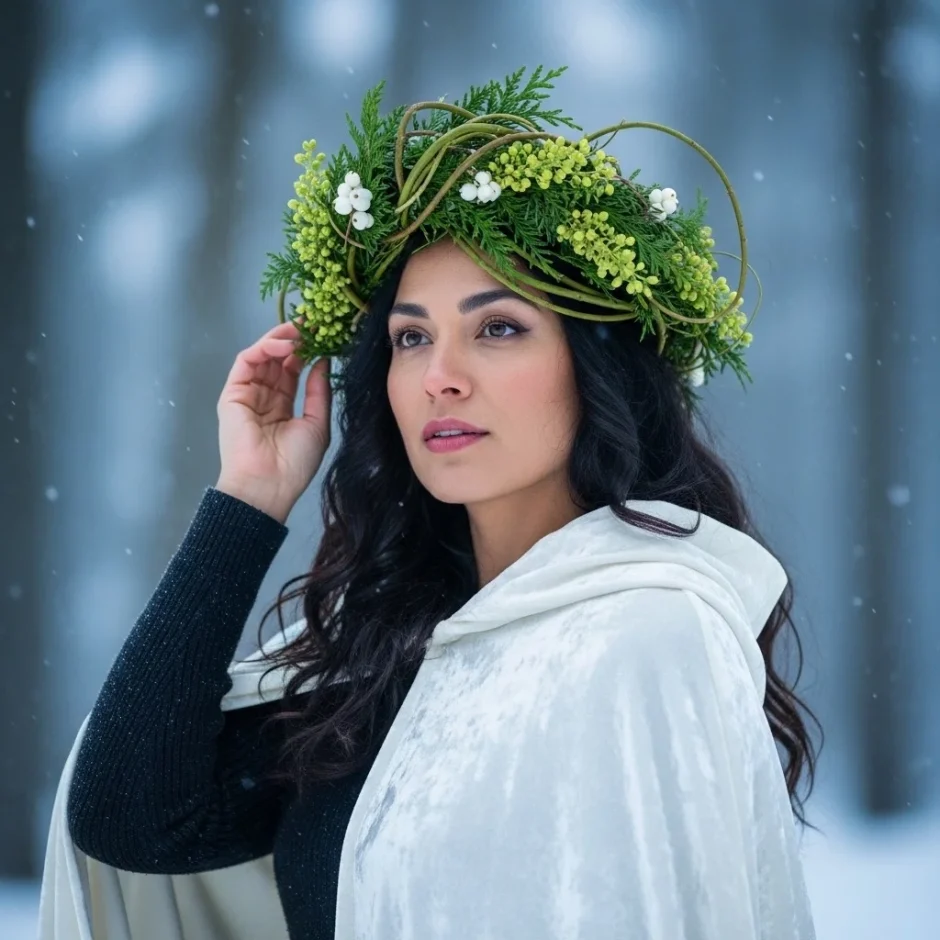 Beautiful winter portrait of a woman wearing a floral crown made of Smilax and Cedar, showcasing creative holiday greenery styling beyond traditional garlands and wreaths.
