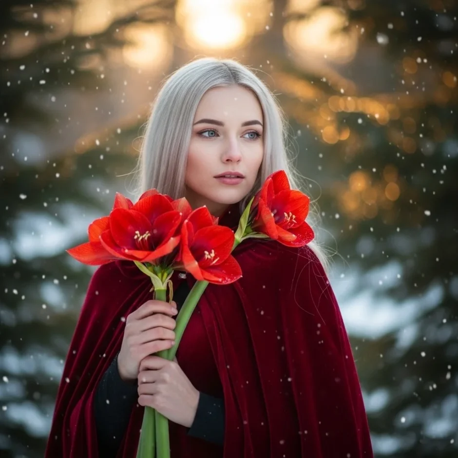 Woman in a red velvet winter cape holding a bouquet of Red Amaryllis flowers in a snowy forest, showcasing dramatic winter wedding inspiration.