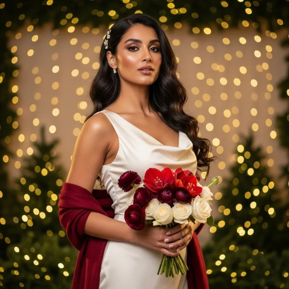 Elegant woman holding a Forest Green, Burgundy, Champagne, and Ivory wedding bouquet in a warm holiday setting with glowing lights, showcasing 2025 holiday color trends.