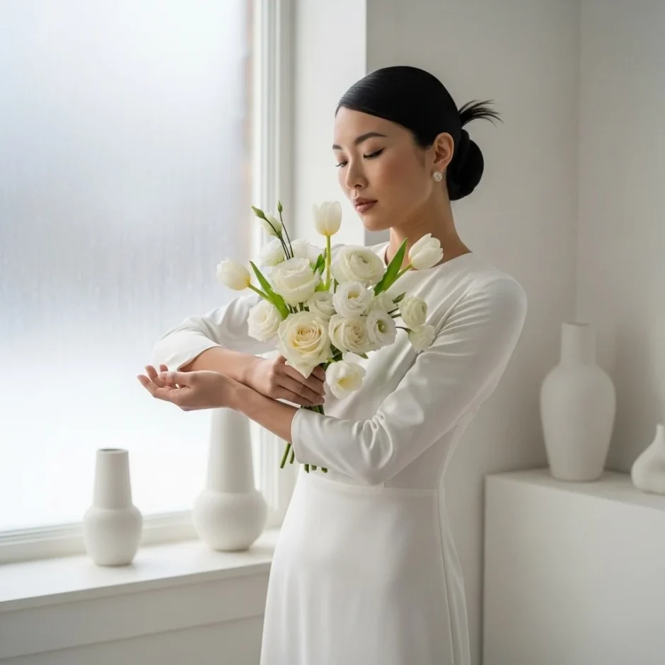 Elegant woman holding a minimalist white winter bouquet of White Roses, Tulips, Ranunculus, and Lisianthus in a bright snowy interior, showcasing 2025 white Christmas décor trends.