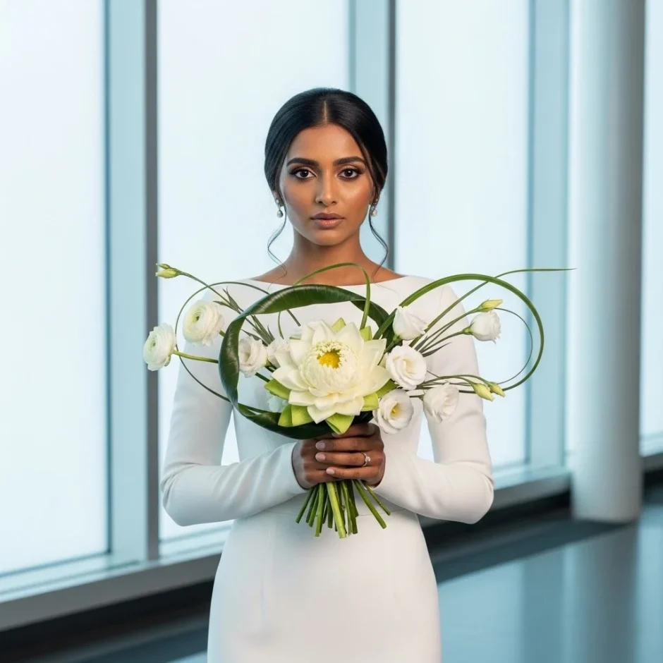 Bride holding a modern minimalist bouquet of White Lotus Flowers with White Roses and Lisianthus in a bright winter venue, showcasing 2026 winter wedding trends.