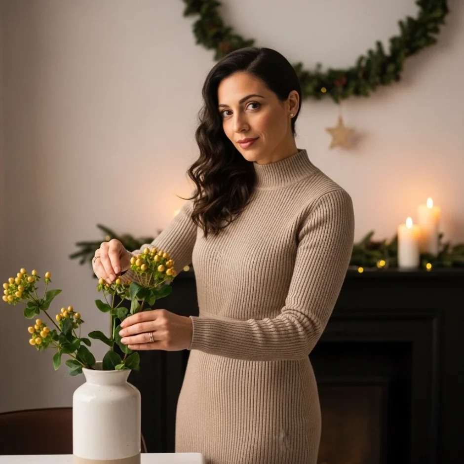 Beautiful woman arranging Hypericum Tinted Gold stems in a modern winter holiday setting, showcasing gold berry accents for 2025 seasonal floral design.